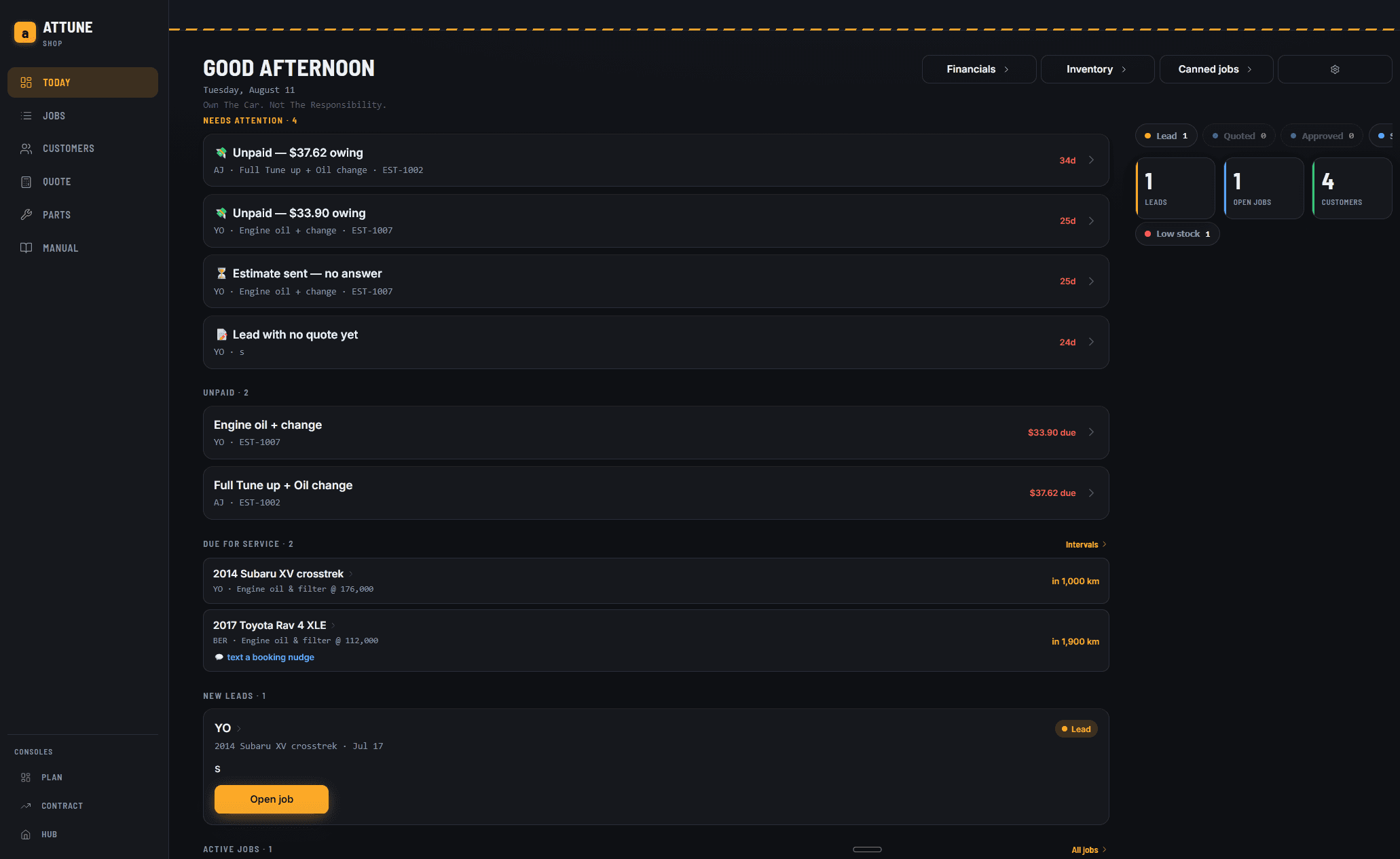 Screenshot of a shop dashboard's daily view: a needs-attention list flagging two unpaid balances and a stalled estimate, one open job, two vehicles due for service, and a new lead with no quote yet.